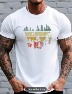 Men's Vintage Forest Sunset Print T-Shirt, Retro Pine Silhouette Round Neck Top, 8XMKK5K983